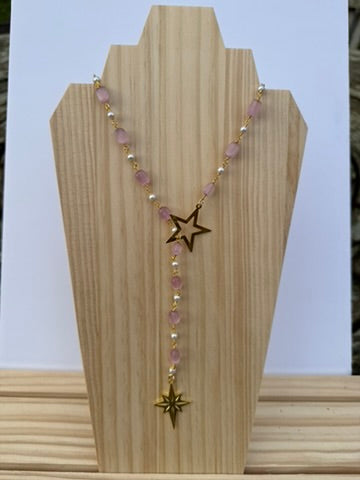 Pink and pearl star lasso necklace