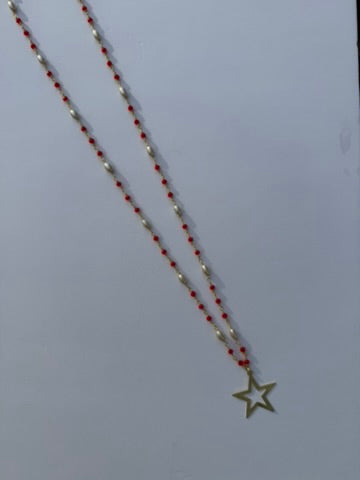 Red and pearl long star necklace