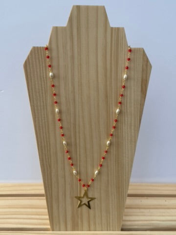 Red and pearl long star necklace