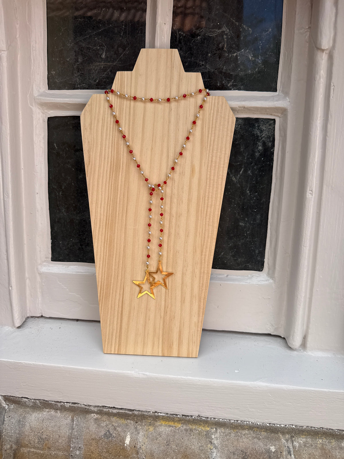 Red and white double wrap scarf style necklace