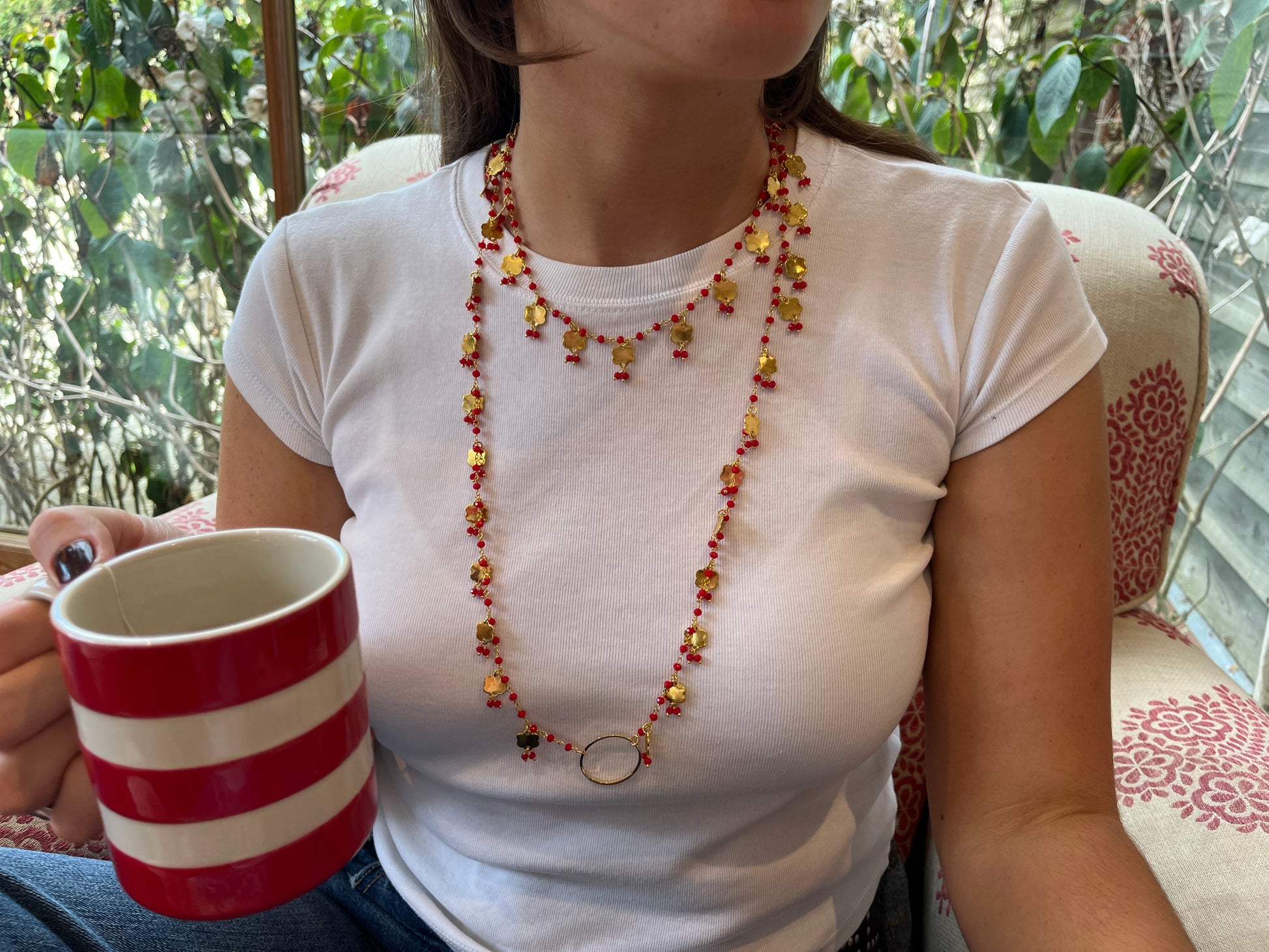 Long red floral stacked