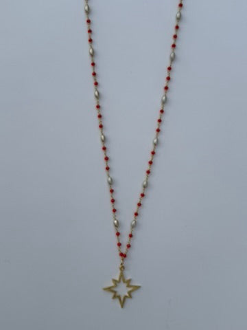 Red and pearl long star necklace