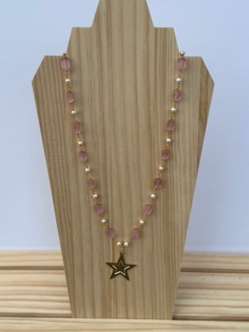 Pink and pearl long star necklace
