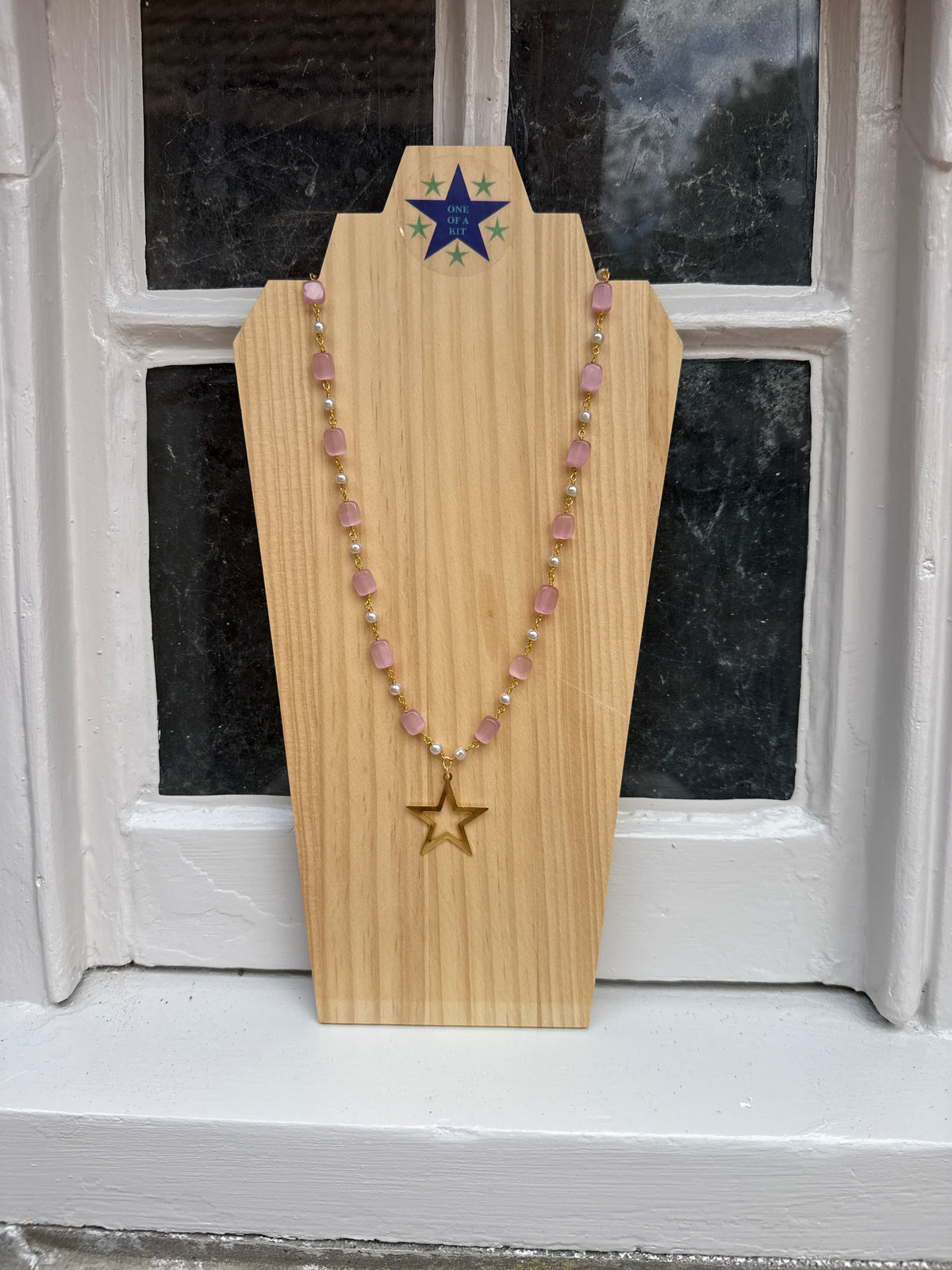 Pink and pearl star long necklace